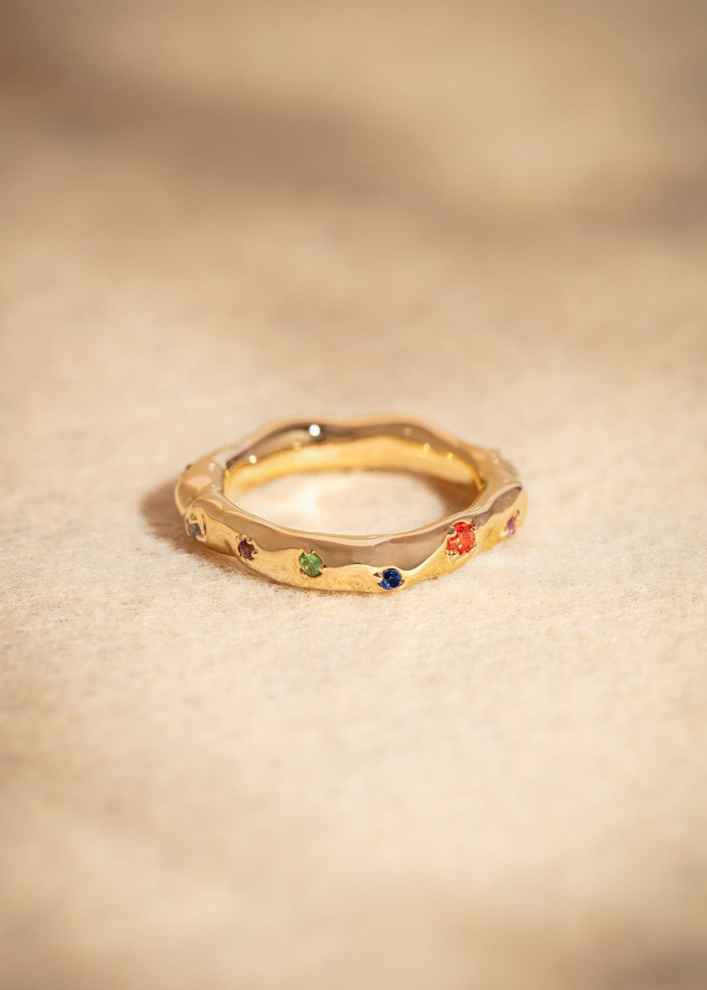 Squared Hammered Ring with Colored Gems