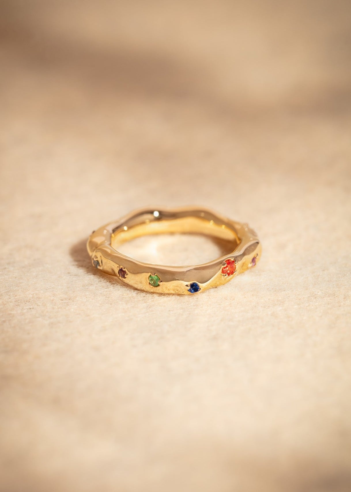 Squared Hammered Ring with Colored Gems