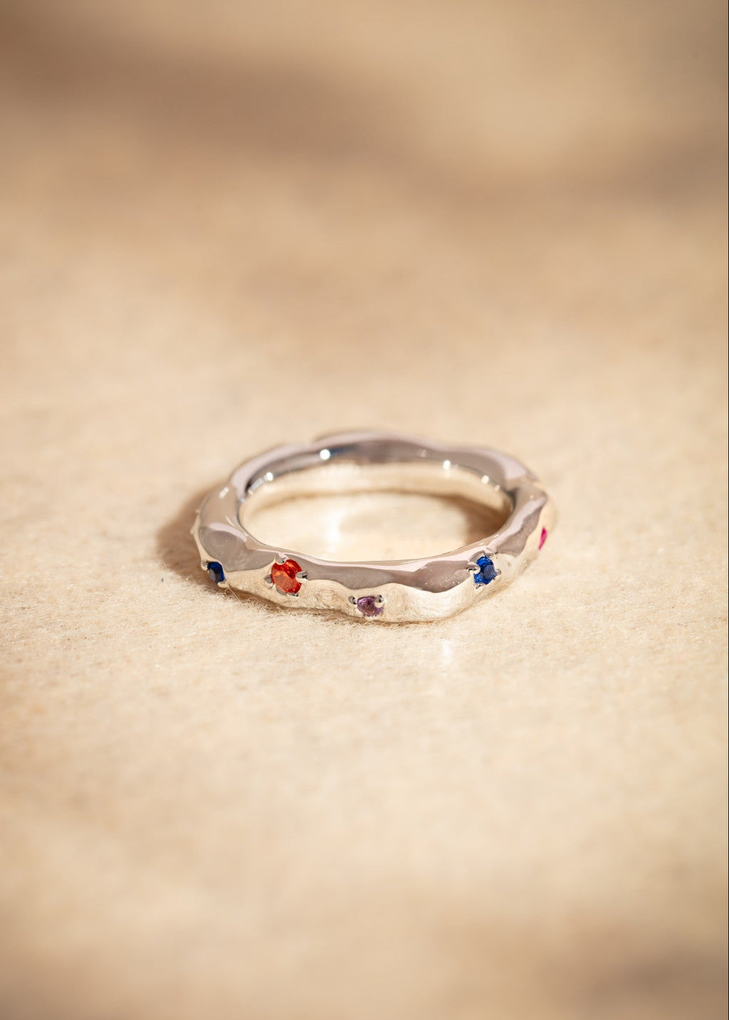 Squared Hammered Ring with Colored Gems