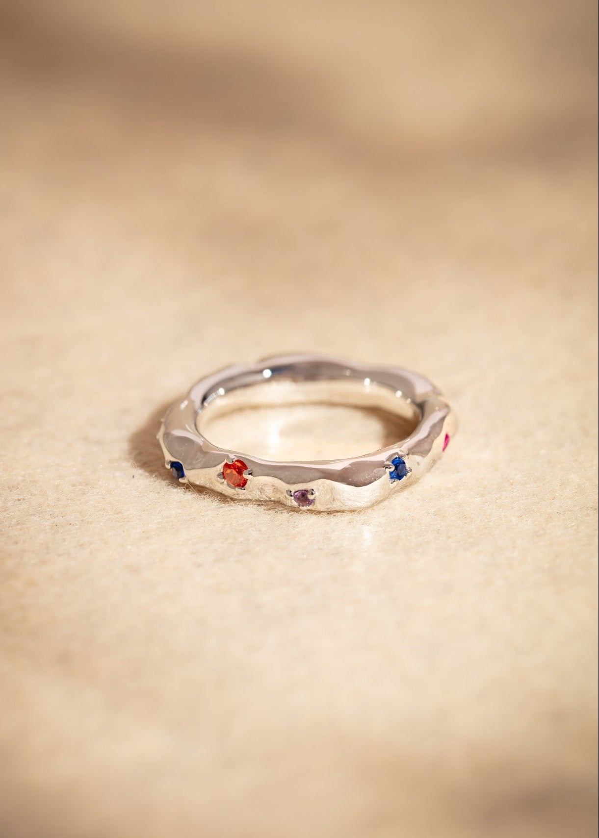 Squared Hammered Ring with Colored Gems