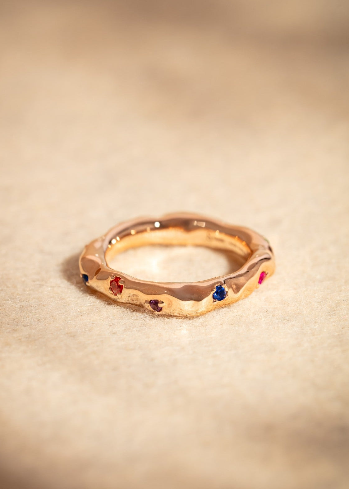 Squared Hammered Ring with Colored Gems