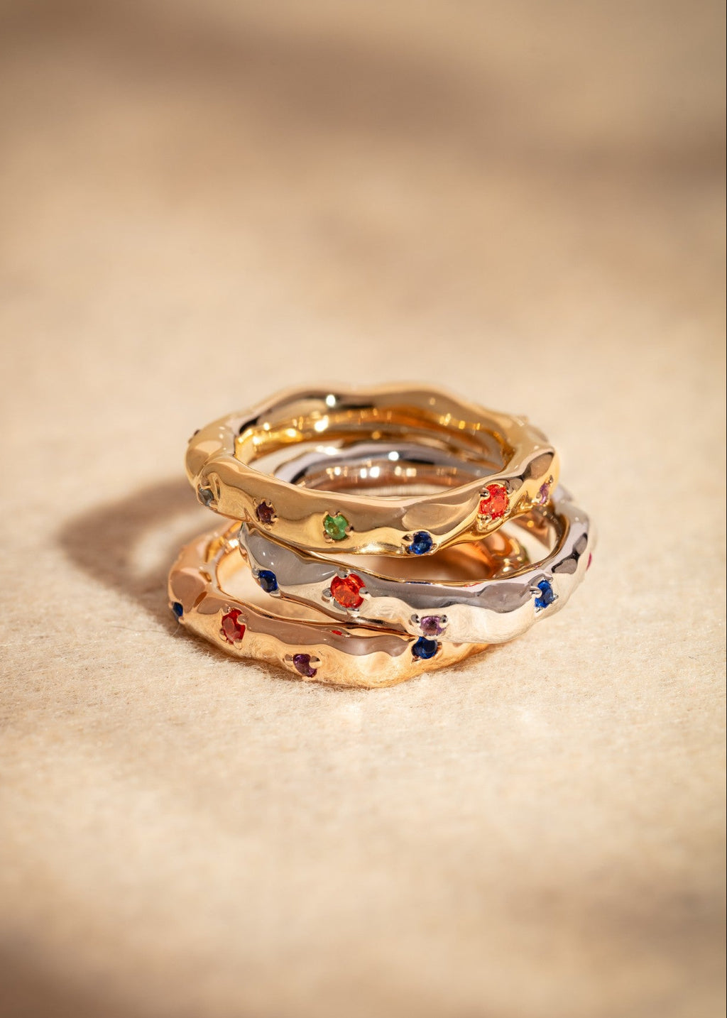 Squared Hammered Ring with Colored Gems