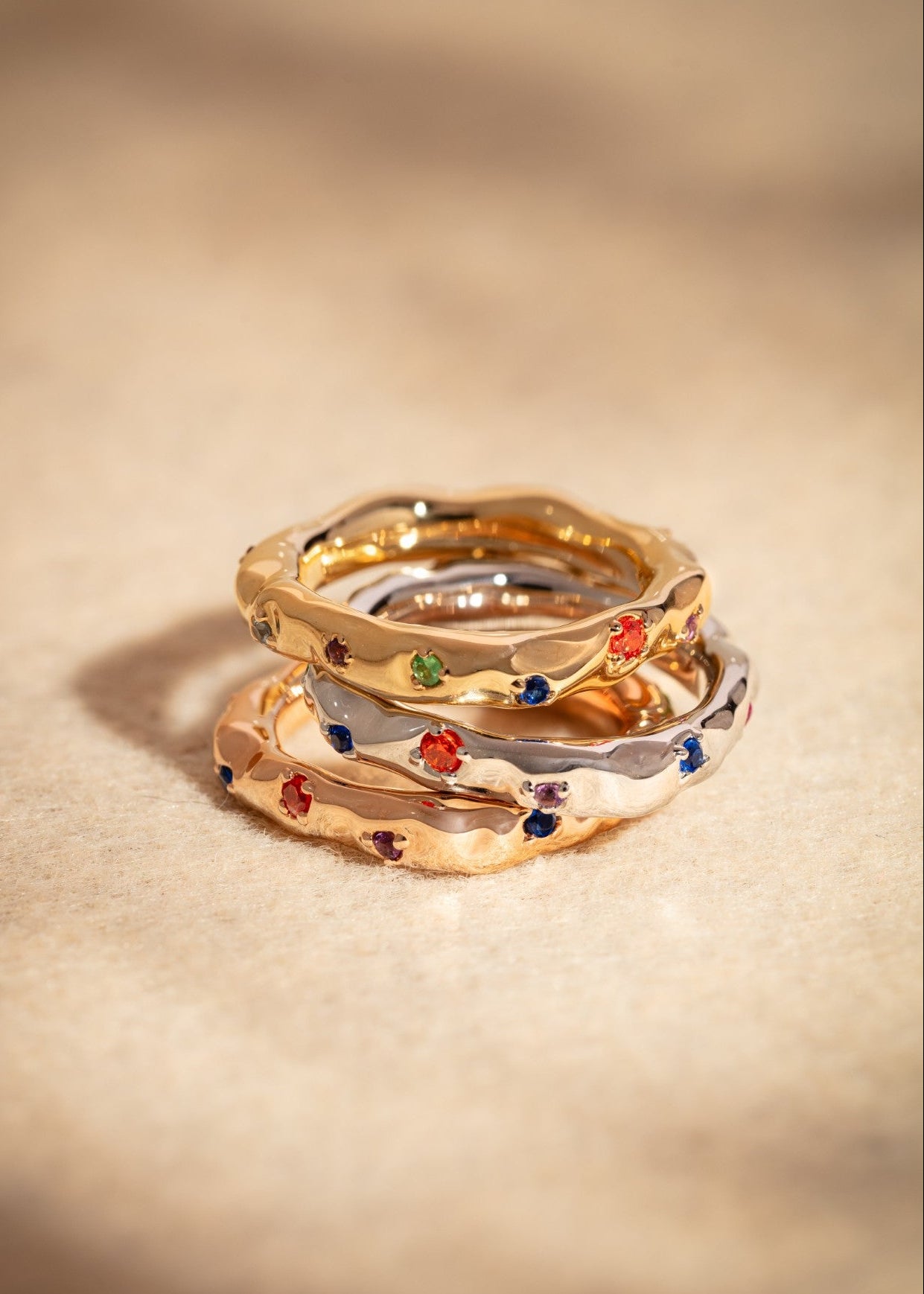 Squared Hammered Ring with Colored Gems