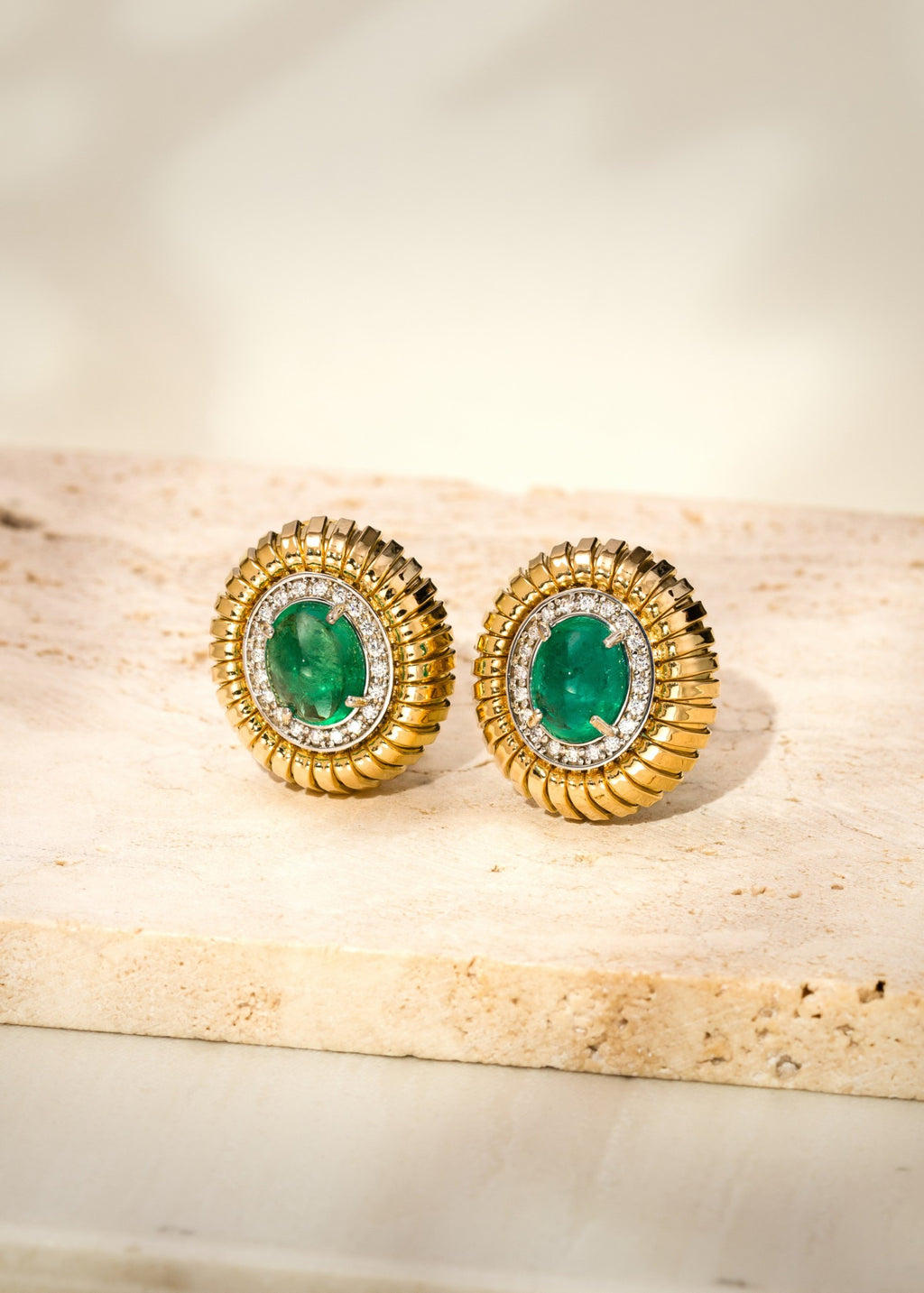 Emerald Cabochon Tubogas Earrings with Diamonds