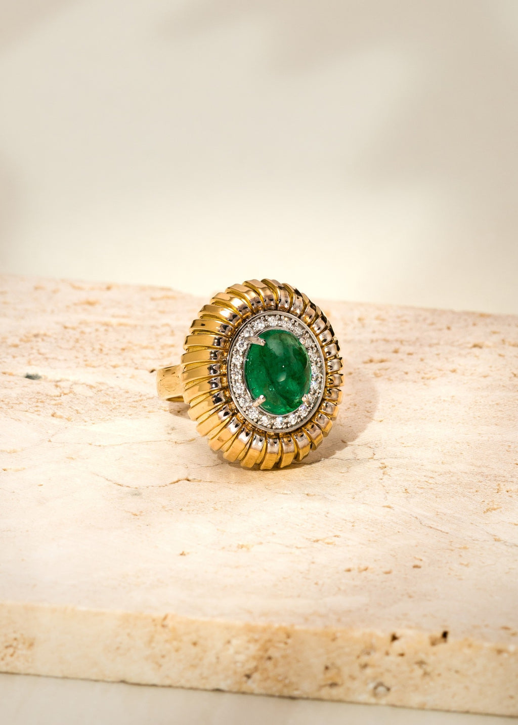 Emerald Cabochon Tubogas Ring with Diamonds