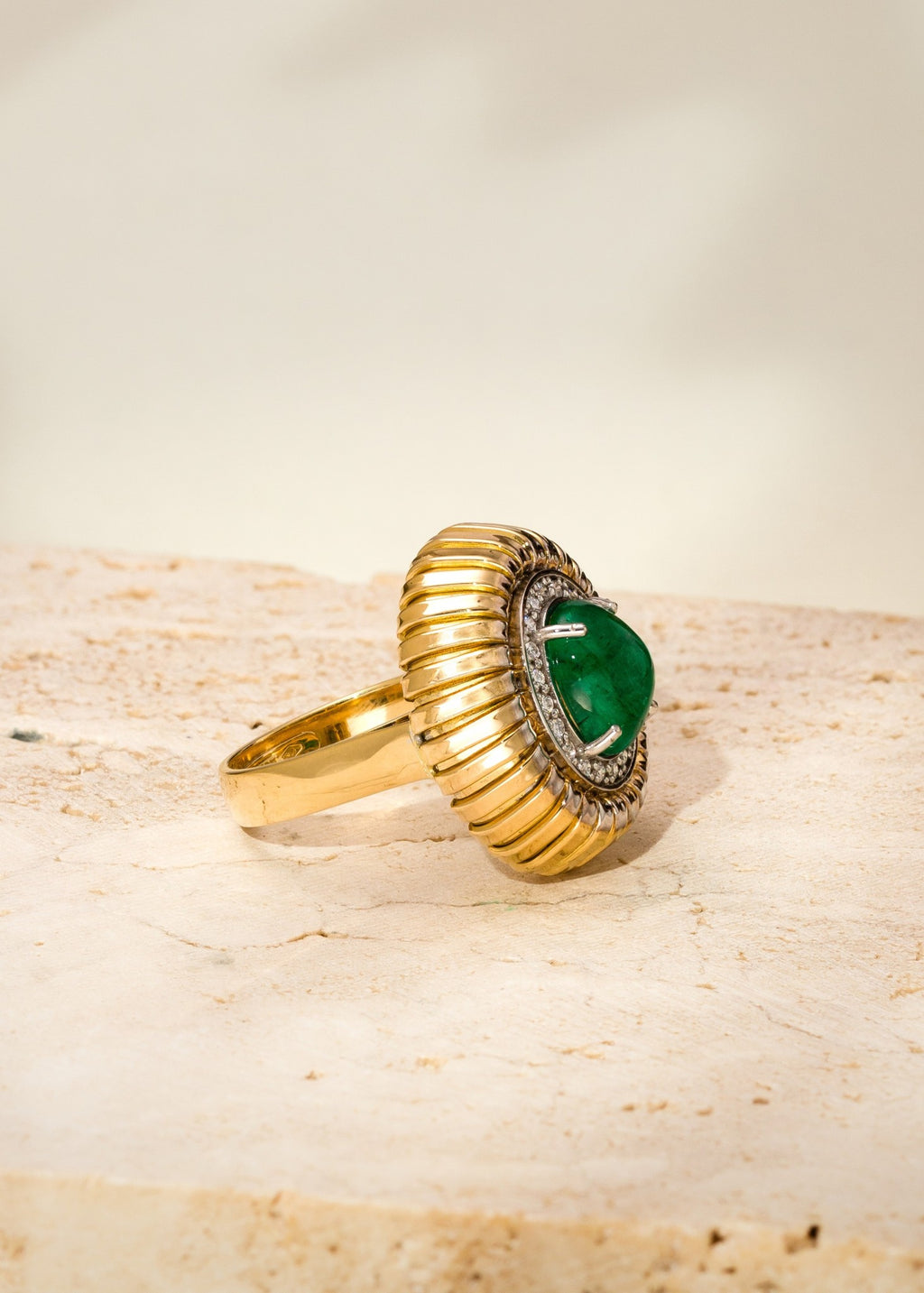 Emerald Cabochon Tubogas Ring with Diamonds