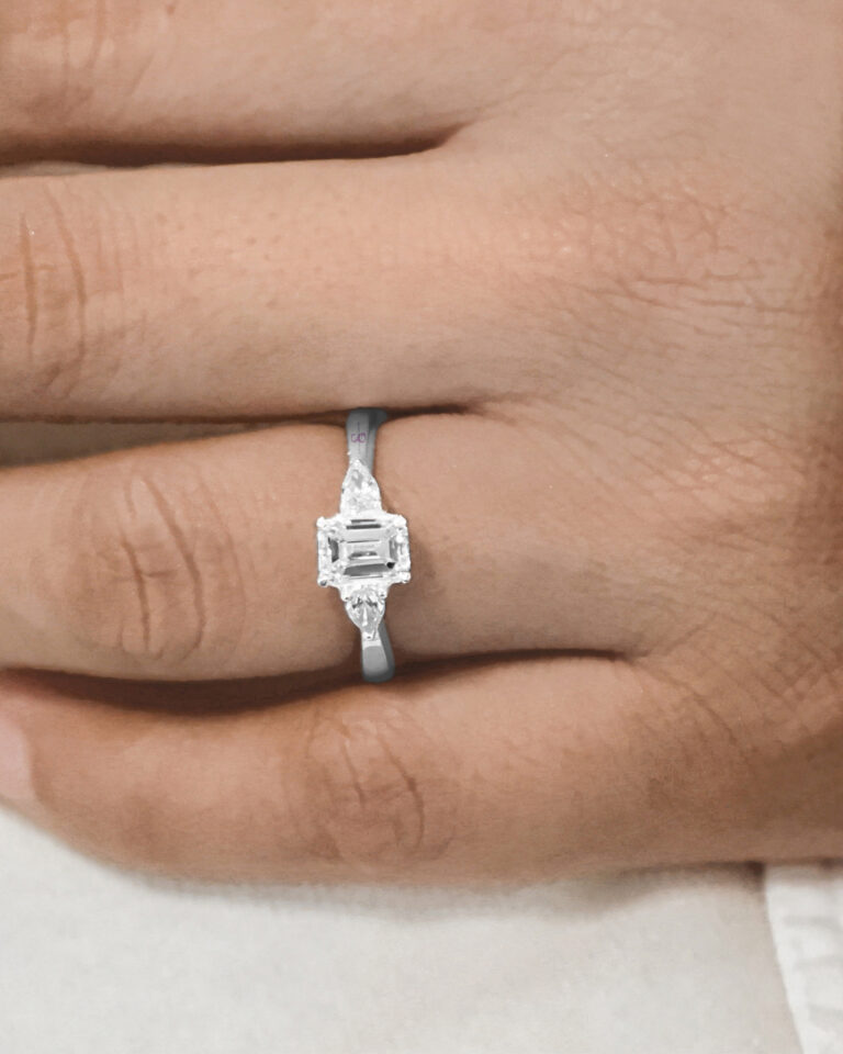 Emerald Cut & Pear Shape Diamond Trilogy Set Ring diamond rings in gold