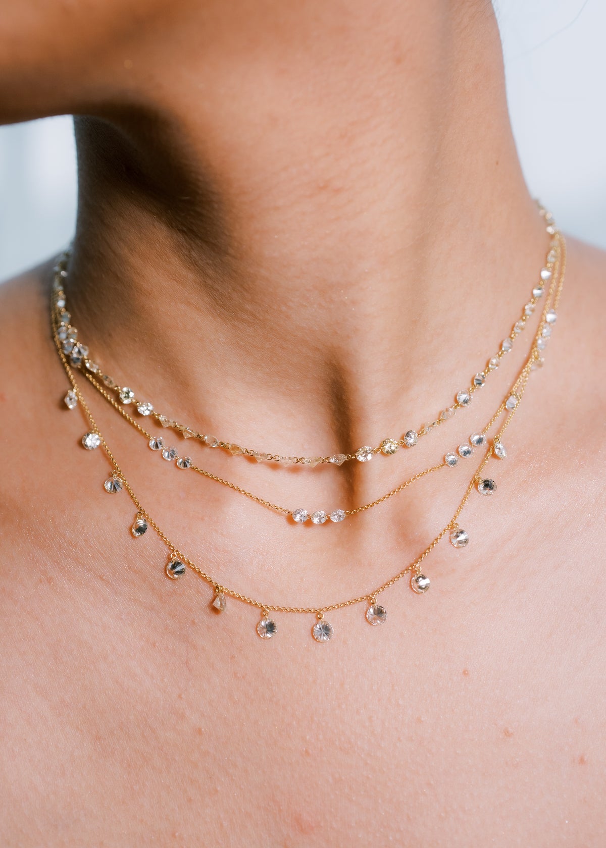Drilled Station Necklace with 3 Big Round Diamonds per Gap