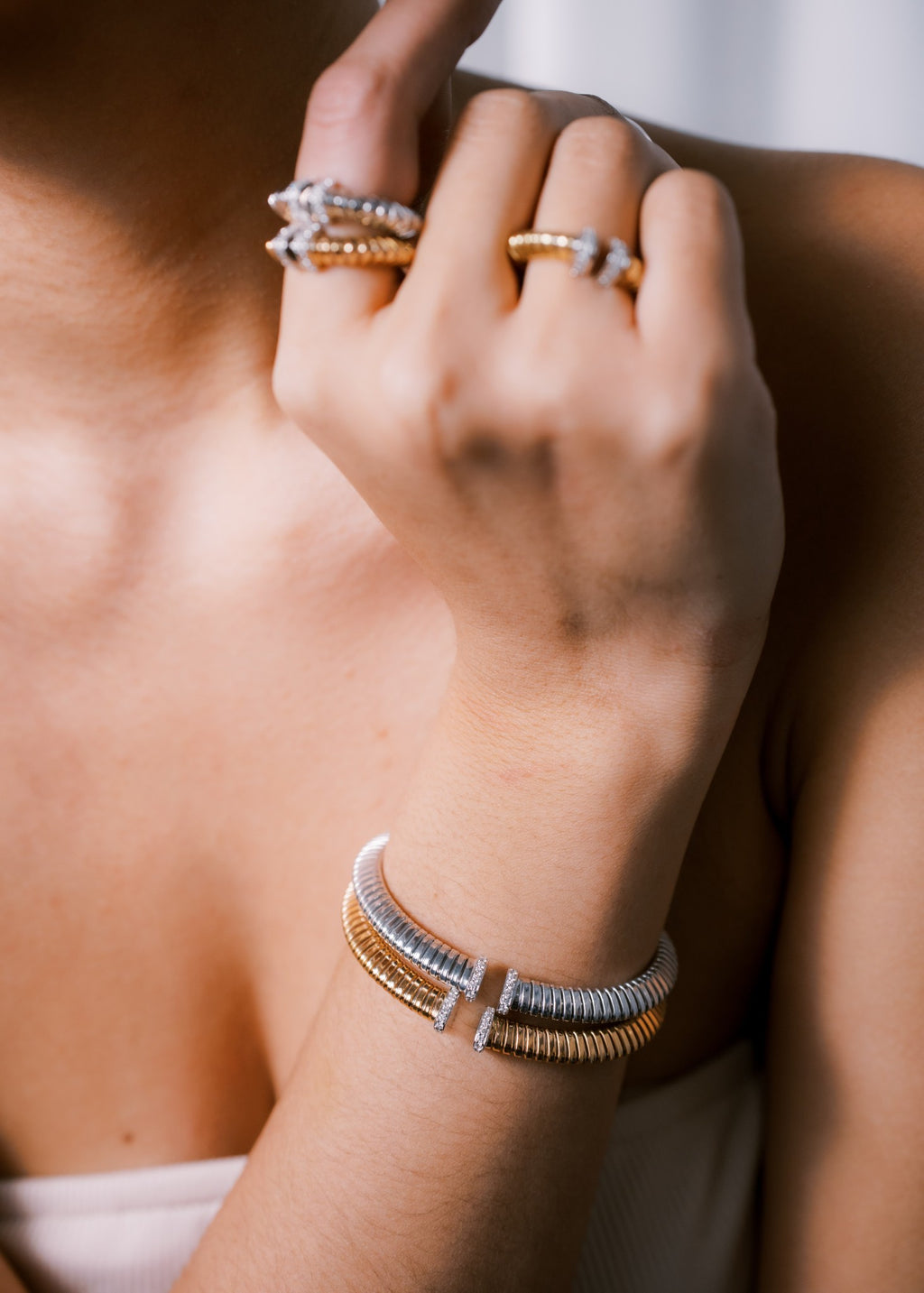8mm Triangular Dome Tubogas Bangle with Diamonds