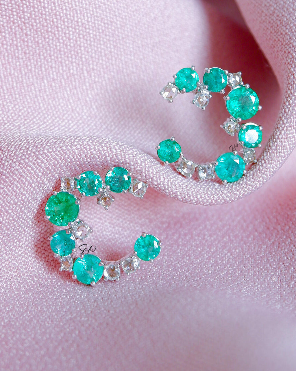 Natural Zambian Emerald and Rose Cut Diamond Circle Earrings diamond earrings in gold