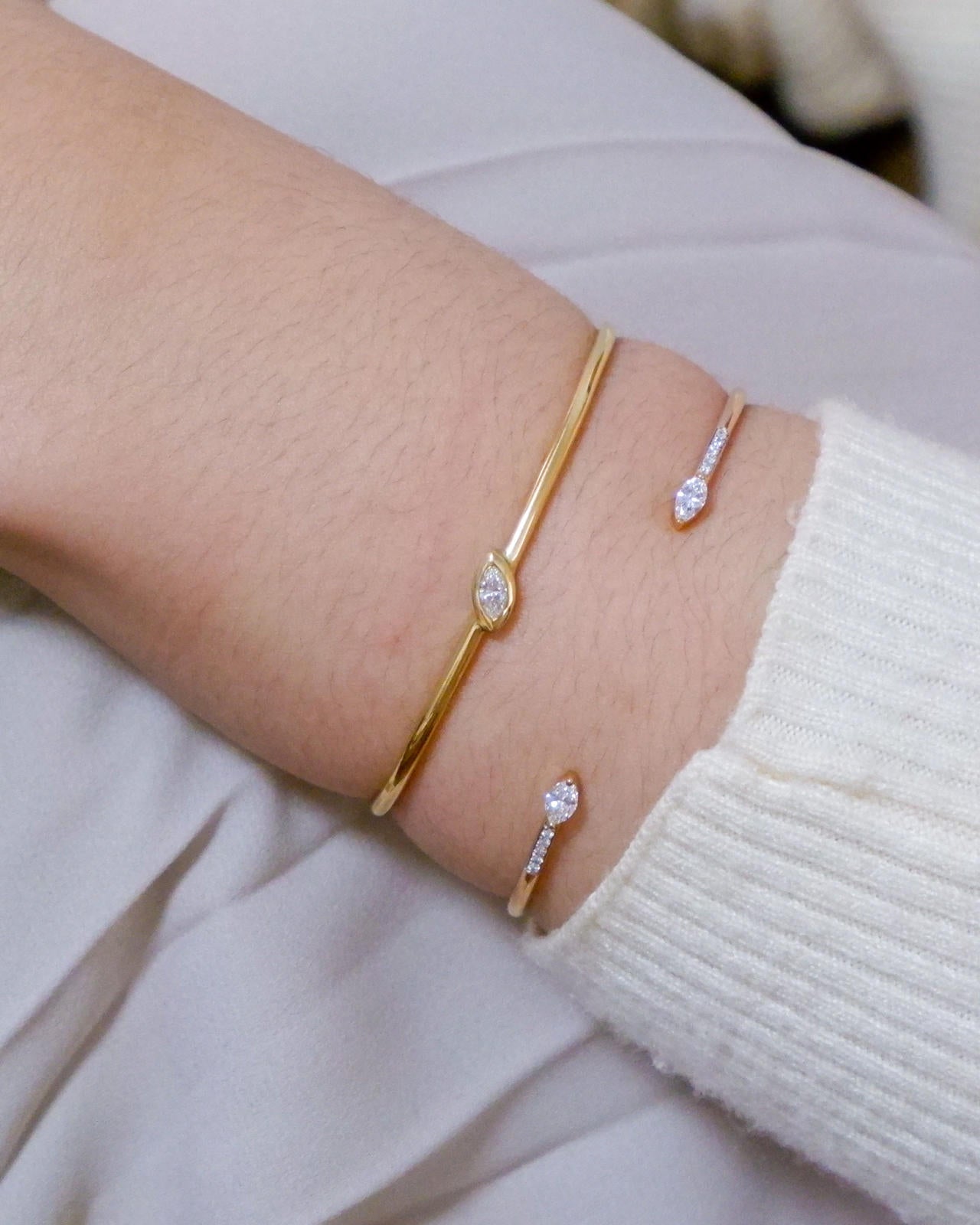 Two Marquise Diamond Tiny Bangle diamond bracelets in gold