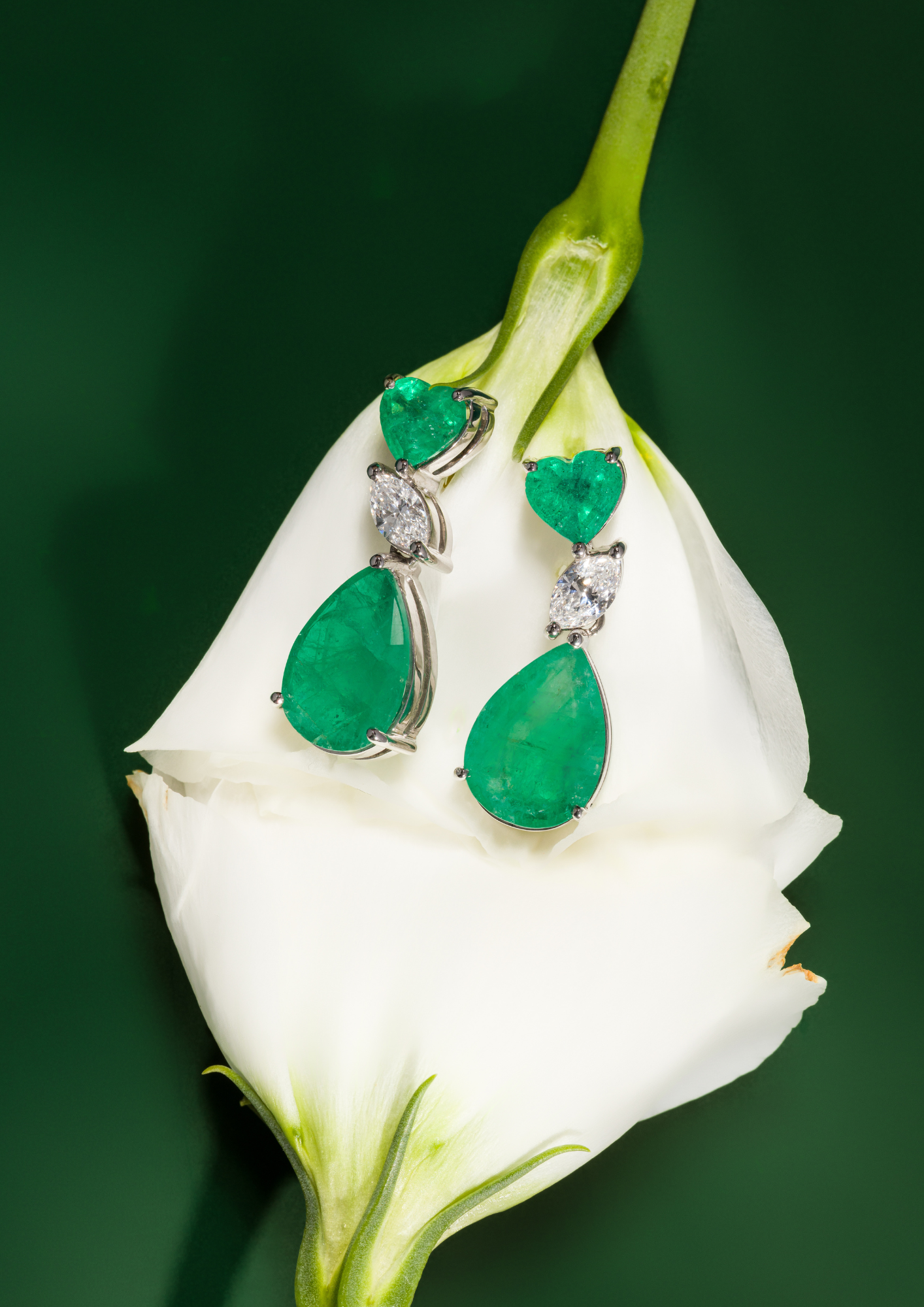 Emerald Heart and Pear with Diamond Marquise Earrings