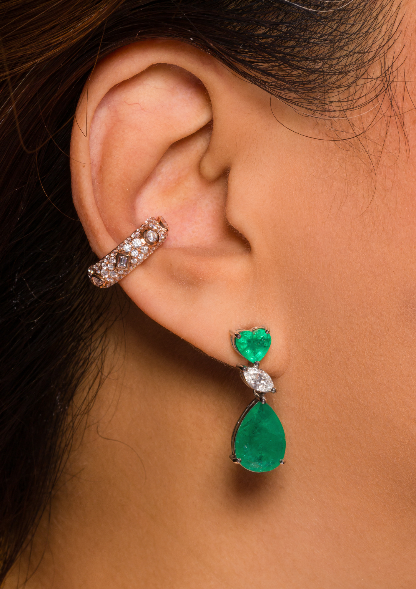 Emerald Heart and Pear with Diamond Marquise Earrings