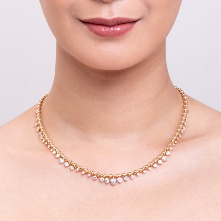 Gold Orb Chain with Diamond Drops 18K Yellow Gold with diamonds